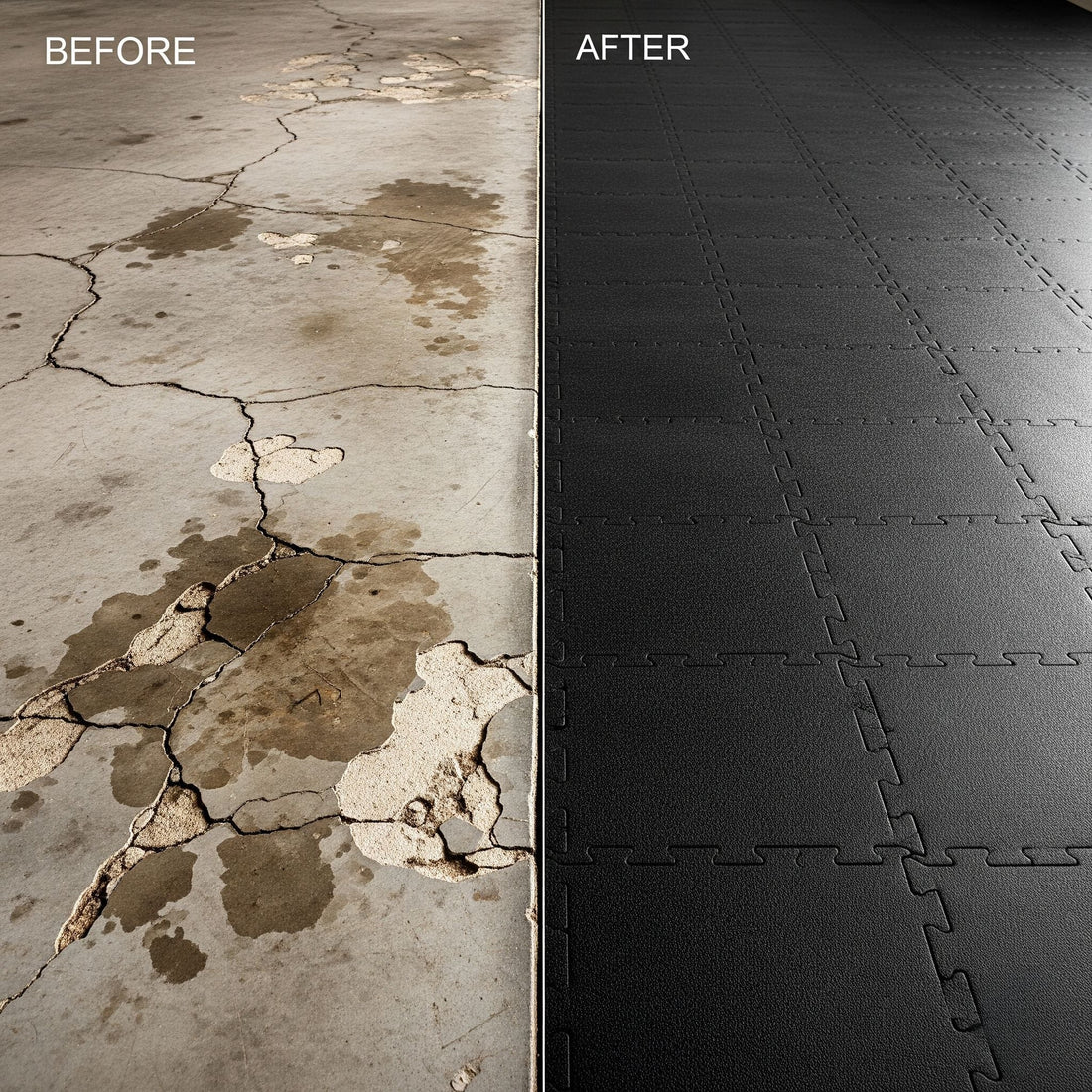 A landscape image showing a garage floor split into two halves. The left side is old, cracked, and stained concrete, while the right side is a new, clean floor with smooth black rubber tiles. is overlaid in .