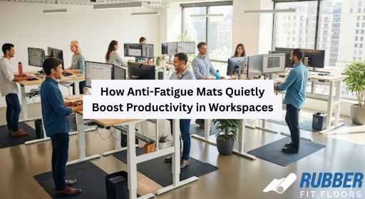 A modern open office space with standing desks, employees smiling while working on anti-fatigue mats, highlighting comfort and productivity.