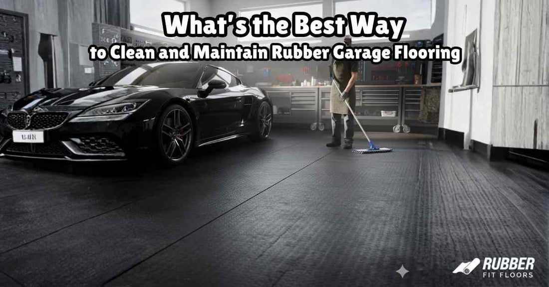 Person mopping a durable, textured black rubber garage floor. The scene highlights cleaning and functionality in a tidy garage setting with a car and tool storage.