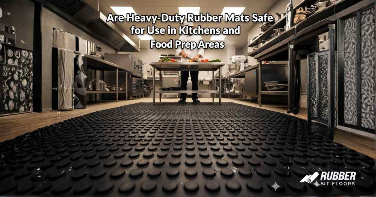 Chef working on a thick, durable black rubber mat in a commercial kitchen. The mat's texture is visible, conveying anti-slip safety and comfort in a food prep area.