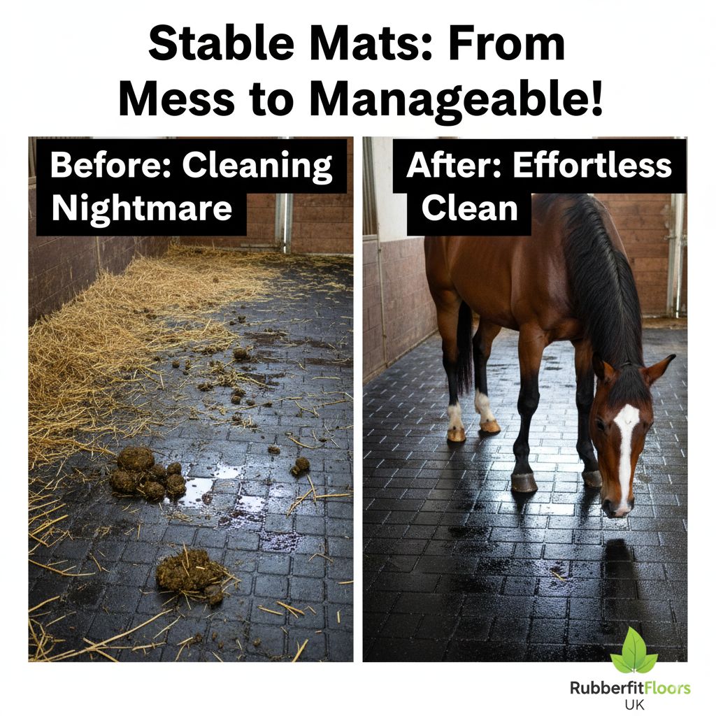  Stable mats arranged neatly, showcasing a transition from messy to organized before cleaning.